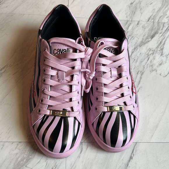 Roberto Cavalli Class pink black zebra trainer sneaker lace up size 39 9 shoe - Picture 2 of 10